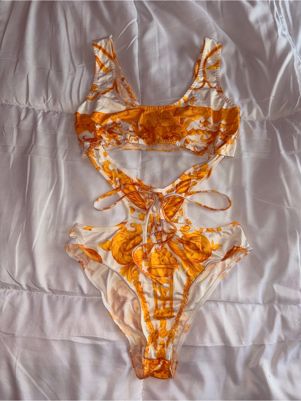 Orange and White One-Piece Swimsuit with Baroque Print with Matching Cover Up!